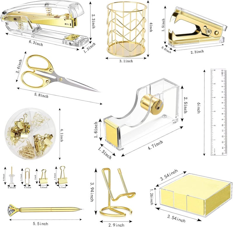 Famassi Gold Desk Accessories, Acrylic Stapler, Staple Remover, Tape Holder, Pen Holder, Ballpoint Pen, Scissor, Binder Clips, 1000pcs Staples, Phone Holder, Ruler, Transparent Glue and 300 Notes - Image 2